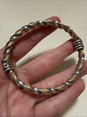 Stunning 14K Gold & 925 Sterling Silver Two-Tone Twisted Bangle Bracelet